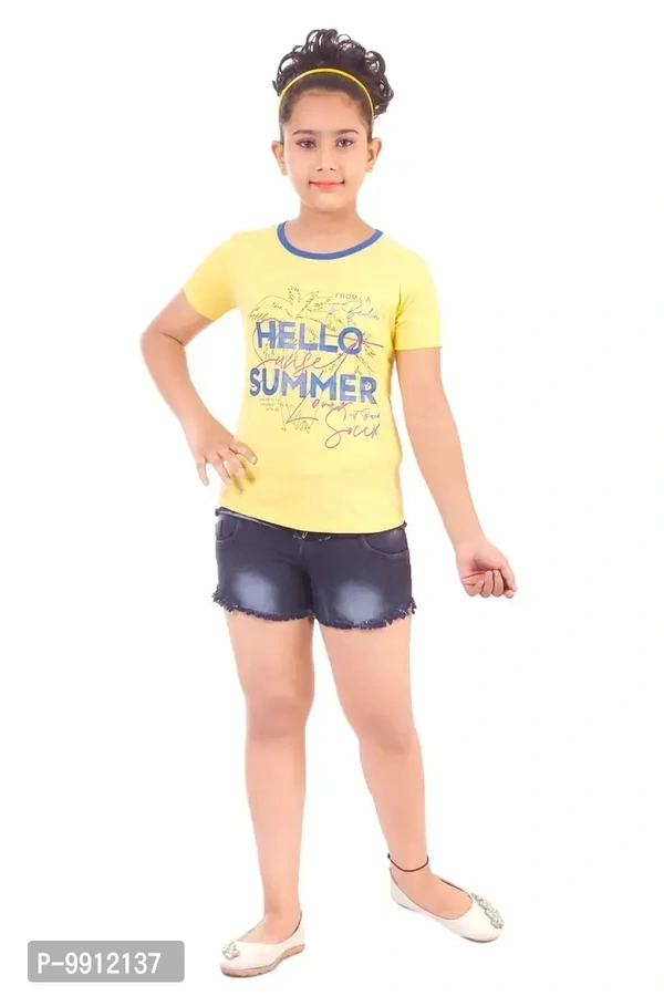 Girls Denim Hot Short with a pack of T shirt - 6-7 Years