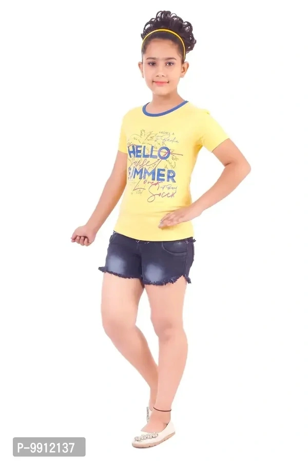 Girls Denim Hot Short with a pack of T shirt - 6-7 Years