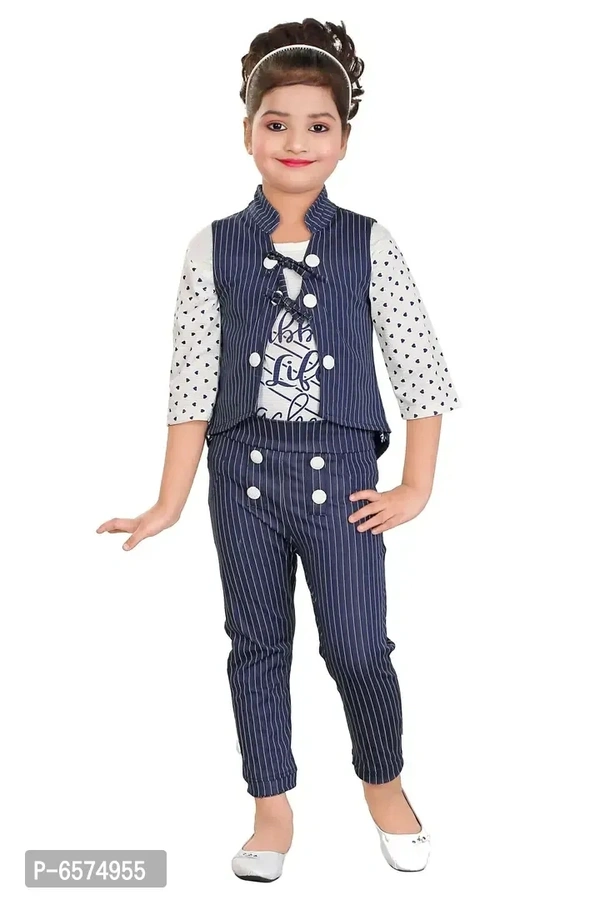 Elegant Blue Polyester Spandex Self Pattern Top with Pant And Jacket Set For Girls - 4-5 Years