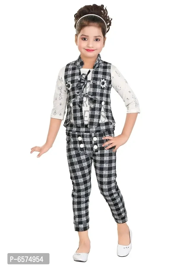 Elegant Black Polyester Spandex Self Pattern Top with Pant And Jacket Set For Girls - 5-6 Years