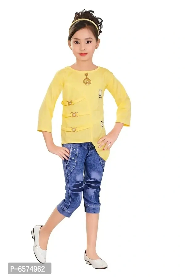 Elegant Yellow Denim Self Pattern Top with Jeans Set For Girls - 7-8 Years
