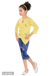 Elegant Yellow Denim Self Pattern Top with Jeans Set For Girls - 7-8 Years