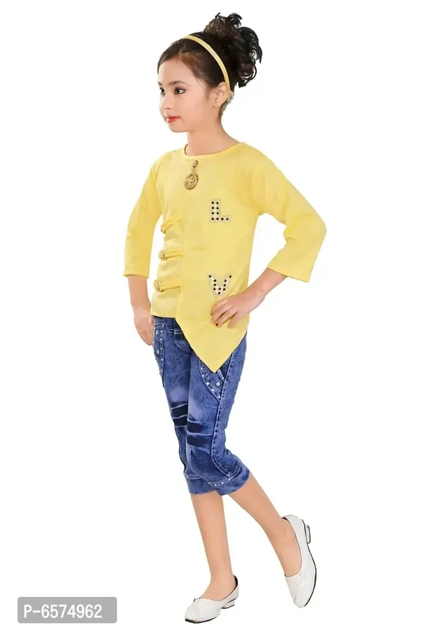 Elegant Yellow Denim Self Pattern Top with Jeans Set For Girls - 7-8 Years