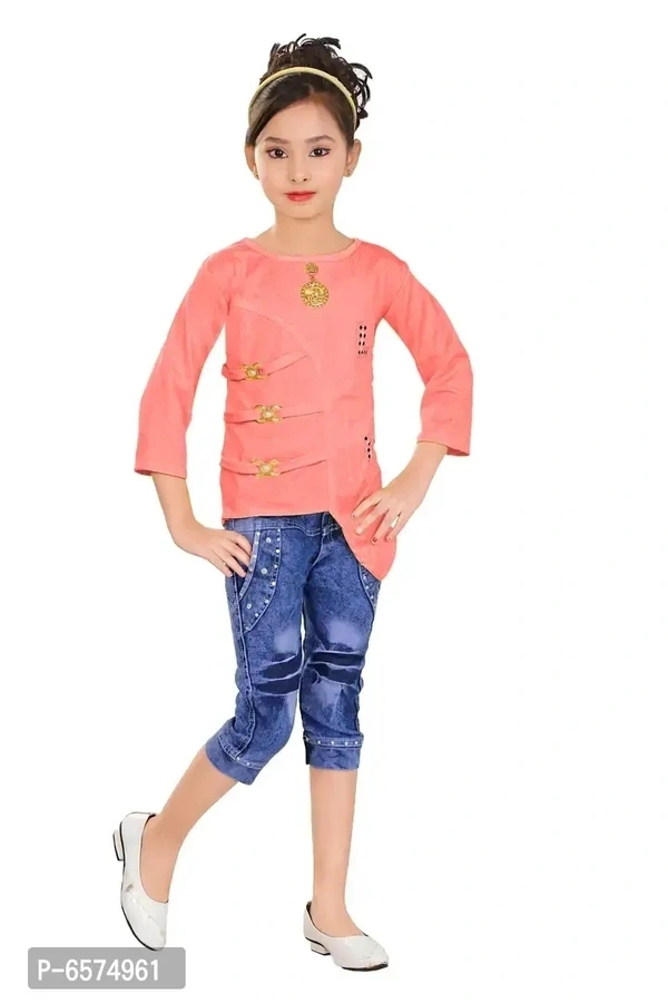Elegant Peach Denim Self Pattern Top with Jeans Set For Girls - 7-8 Years