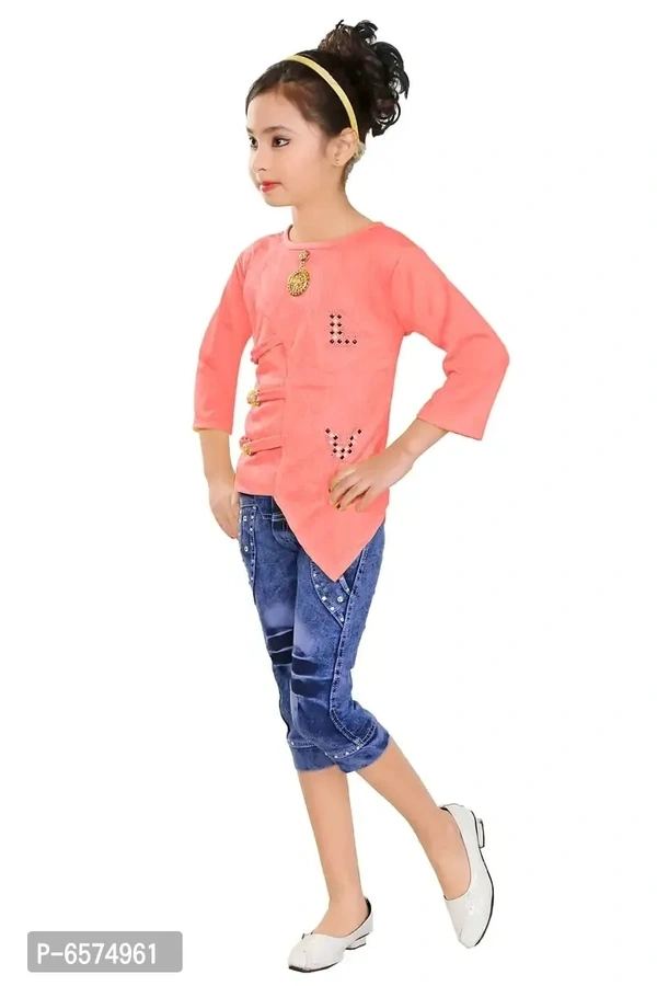 Elegant Peach Denim Self Pattern Top with Jeans Set For Girls - 7-8 Years