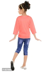 Elegant Peach Denim Self Pattern Top with Jeans Set For Girls - 7-8 Years