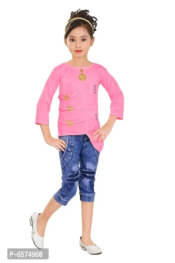 Elegant Blue Polyester Spandex Self Pattern Top with Dungaree Set For Girls - 6-7 Years