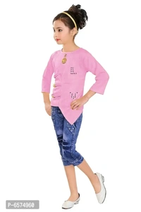 Elegant Blue Polyester Spandex Self Pattern Top with Dungaree Set For Girls - 6-7 Years