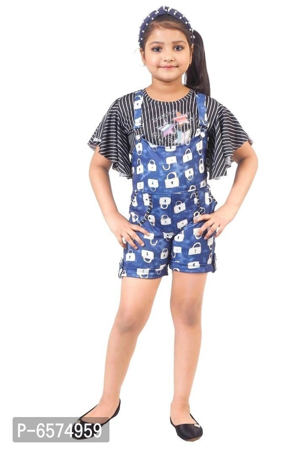 Elegant Blue Polyester Spandex Self Pattern Top with Dungaree Set For Girls - 5-6 Years
