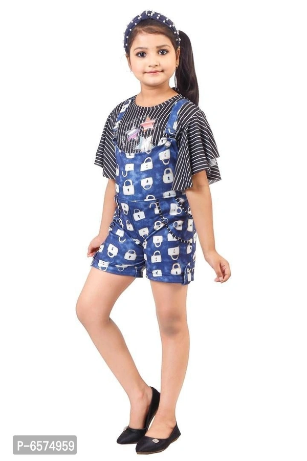Elegant Blue Polyester Spandex Self Pattern Top with Dungaree Set For Girls - 5-6 Years