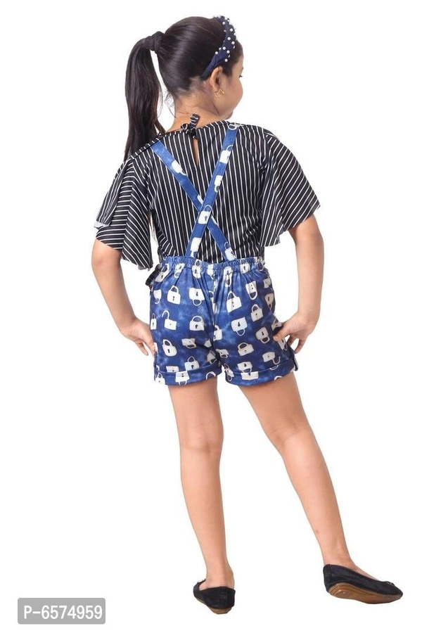 Elegant Blue Polyester Spandex Self Pattern Top with Dungaree Set For Girls - 5-6 Years