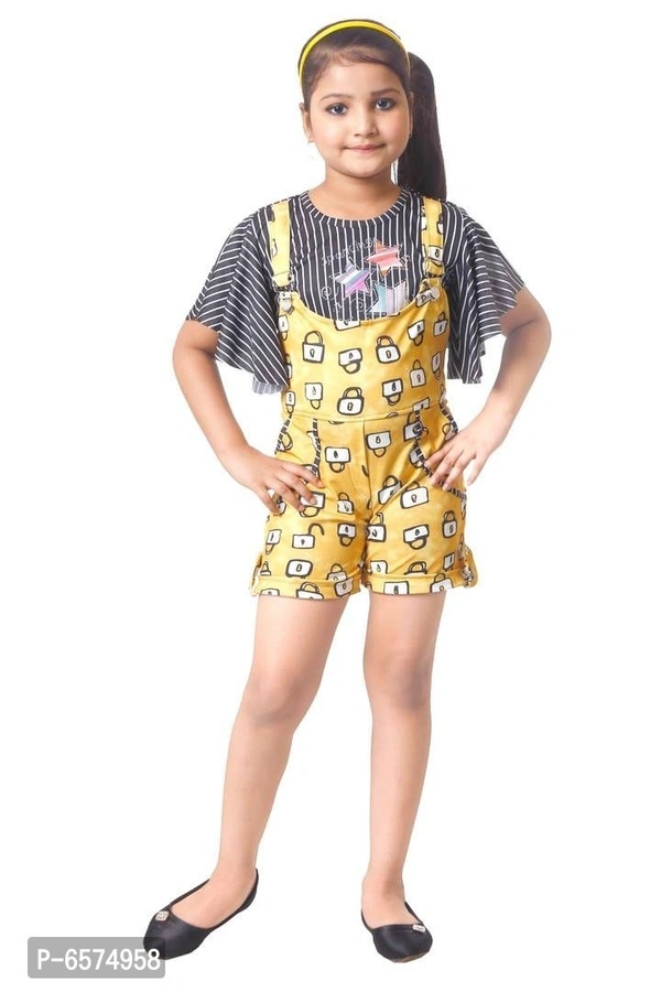 Elegant Yellow Polyester Spandex Self Pattern Top with Dungaree Set For Girls - 5-6 Years