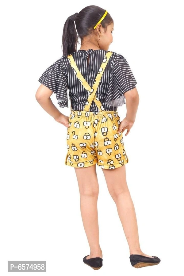 Elegant Yellow Polyester Spandex Self Pattern Top with Dungaree Set For Girls - 5-6 Years