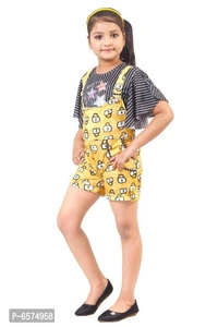 Elegant Yellow Polyester Spandex Self Pattern Top with Dungaree Set For Girls - 5-6 Years