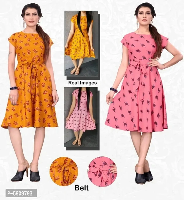 Stylish Crepe Knee Length Floral Print Fit and Flare Dress (Combo Pack Of 2) - l