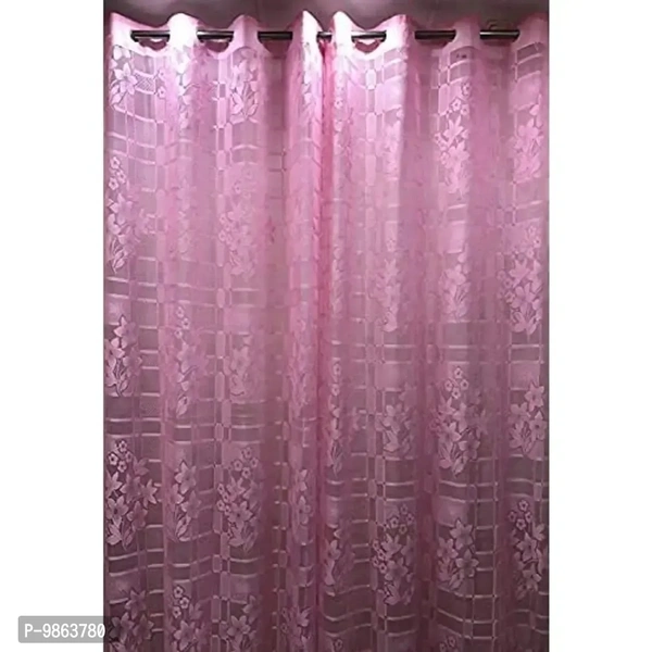 Soulful Creations Crystal Sheer Polyester Net Check and Floral Transparent Curtain (Pink, 4ft x 7ft)