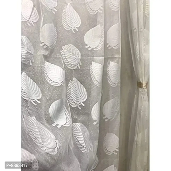 Soulful Creations Crystal Sheer Polyester Net Transparent Curtain (White Leaf, 4ft x 9ft)