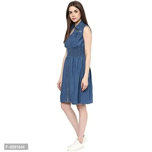 StyleStone Women's Denim Knee Length Zip Dress with Smocked Waistline (3113ZipDress) - S