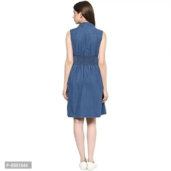StyleStone Women's Denim Knee Length Zip Dress with Smocked Waistline (3113ZipDress) - M