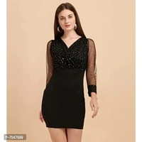 Sheetal Associates Women's Elegant Glitter Long Sleeve V Neck Bodycon Mini Cocktail Party Dress - S