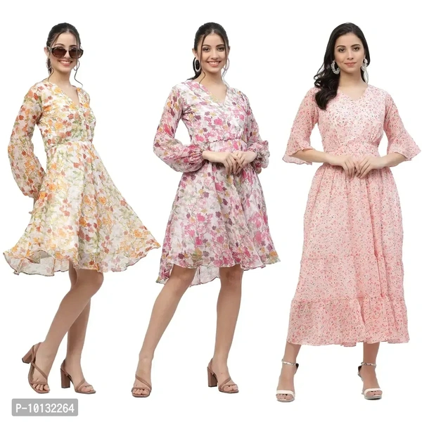 Attractive Midi Length Georgette Printed Fit And Flare Dress Combo For Women Pack Of 3 - S