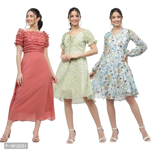 Attractive Midi Length Georgette Printed Fit And Flare Dress Combo For Women Pack Of 3 - l