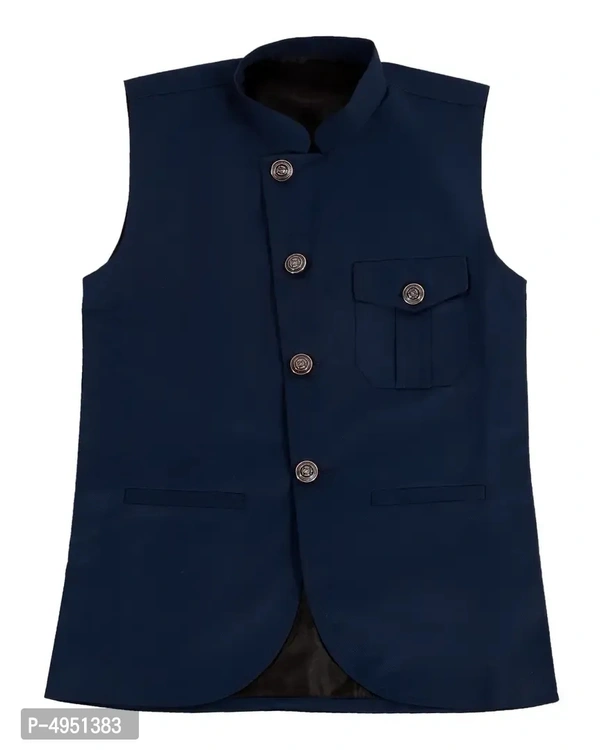 Boy's Navy Blue Cotton Blend Self Pattern Ethnic Jacket - 6-7 Years