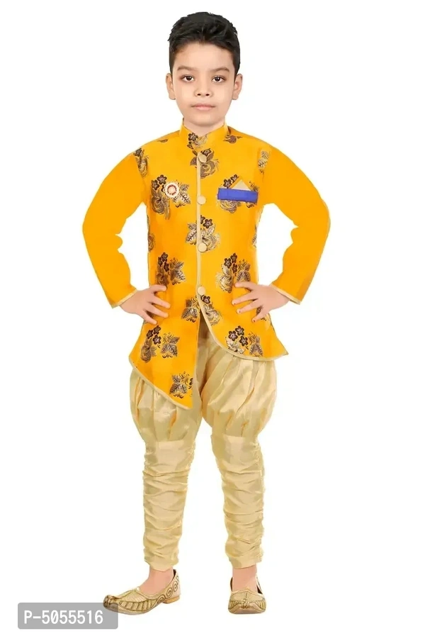 Stylish Art Silk Yellow Floral Embroidered Kurta With Churidar Payjama Set For Boys - 18-24 Months