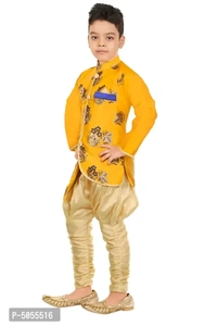 Stylish Art Silk Yellow Floral Embroidered Kurta With Churidar Payjama Set For Boys - 2-3 Years