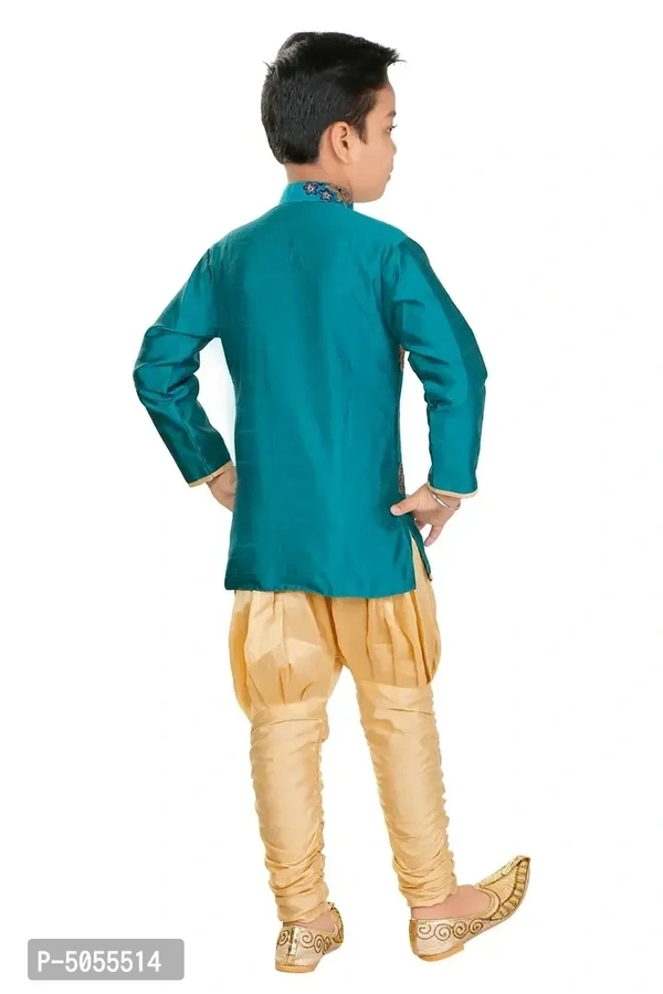 Stylish Art Silk Green Floral Embroidered Kurta With Churidar Payjama Set For Boys - 3-4 Years