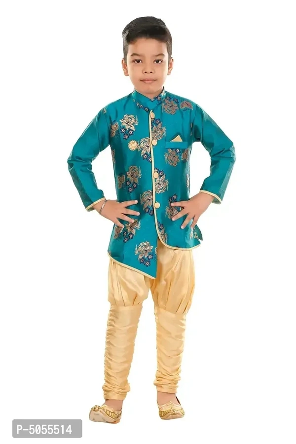 Stylish Art Silk Green Floral Embroidered Kurta With Churidar Payjama Set For Boys - 4-5 Years