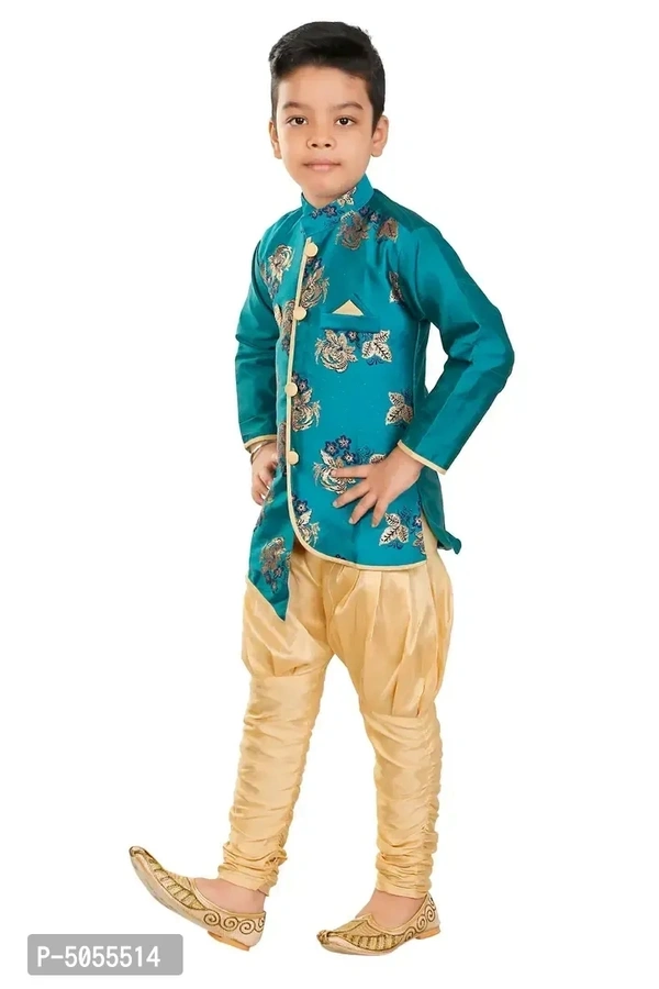 Stylish Art Silk Green Floral Embroidered Kurta With Churidar Payjama Set For Boys - 4-5 Years