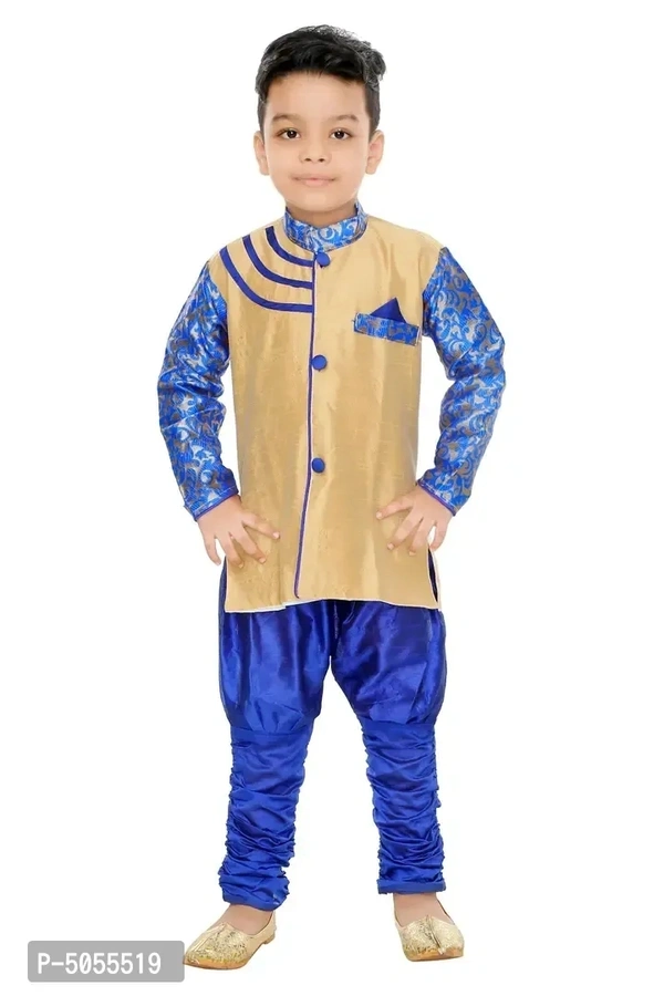 Stylish Art Silk Blue Solid Kurta With Churidar Payjama Set For Boys - 3-4 Years