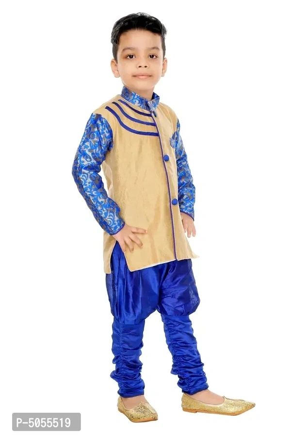 Stylish Art Silk Blue Solid Kurta With Churidar Payjama Set For Boys - 5-6 Years