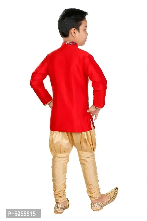 Stylish Art Silk Red Floral Embroidered Kurta With Churidar Payjama Set For Boys - 18-24 Months