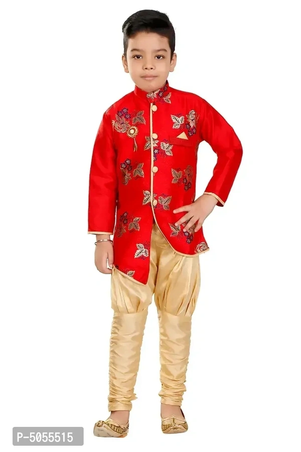 Stylish Art Silk Red Floral Embroidered Kurta With Churidar Payjama Set For Boys - 2-3 Years
