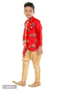Stylish Art Silk Red Floral Embroidered Kurta With Churidar Payjama Set For Boys - 2-3 Years