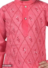 Elegant Khadi Cotton Embroidered Kurta with Pyjamas Set For Boys - 6-12 Months