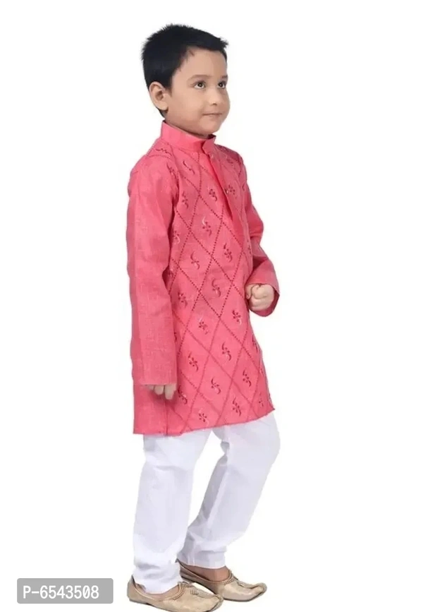 Elegant Khadi Cotton Embroidered Kurta with Pyjamas Set For Boys - 6-12 Months