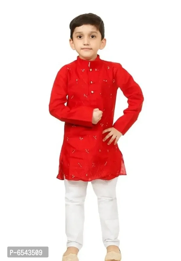 Elegant Red Khadi Cotton Embroidered Kurta with Pyjamas Set For Boys - 5-6 Years