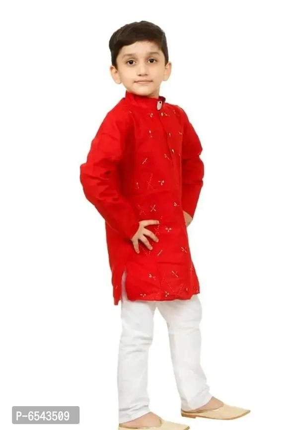 Elegant Red Khadi Cotton Embroidered Kurta with Pyjamas Set For Boys - 5-6 Years