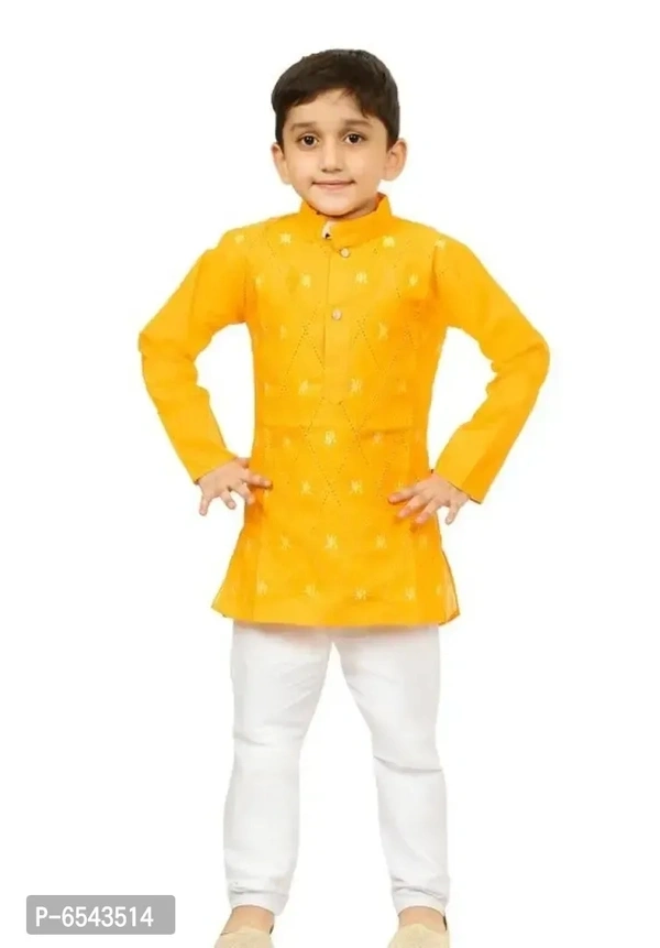 Elegant Yellow Khadi Cotton Embroidered Kurta with Pyjamas Set For Boys - 6-12 Months