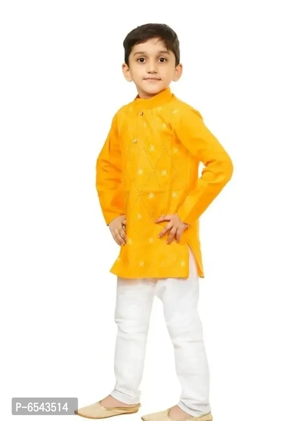 Elegant Yellow Khadi Cotton Embroidered Kurta with Pyjamas Set For Boys - 6-12 Months