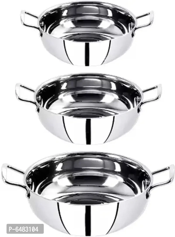 Useful Stainless Steel Deep Frying 22 Gauge Heavy Bottom Induction Kadai Cookware Utensils Set with Handle-3 Pieces