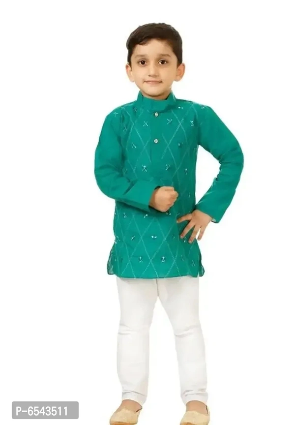 Elegant Green Khadi Cotton Embroidered Kurta with Pyjamas Set For Boys - 3-4 Years