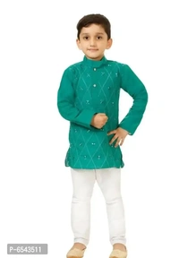 Elegant Green Khadi Cotton Embroidered Kurta with Pyjamas Set For Boys - 3-4 Years