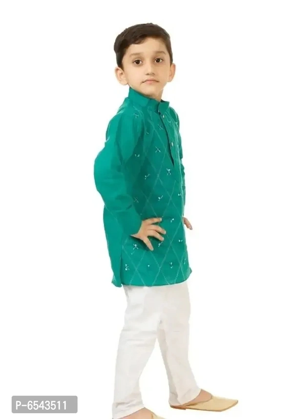 Elegant Green Khadi Cotton Embroidered Kurta with Pyjamas Set For Boys - 3-4 Years