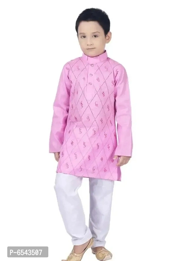 Elegant Pink Khadi Cotton Embroidered Kurta with Pyjamas Set For Boys - 2-3 Yeasr