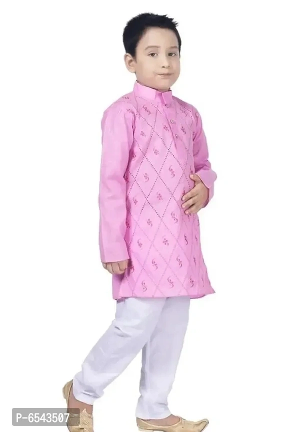 Elegant Pink Khadi Cotton Embroidered Kurta with Pyjamas Set For Boys - 2-3 Yeasr