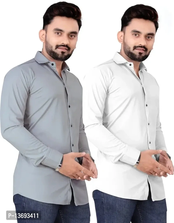 White Polyester Spandex Solid Long Sleeves Casual Shirts For Men - M